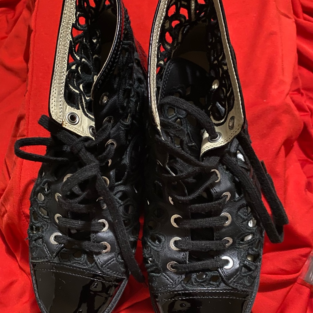 CHANEL CAMELLIA CUT OUT HIGH TOP SNEAKERS